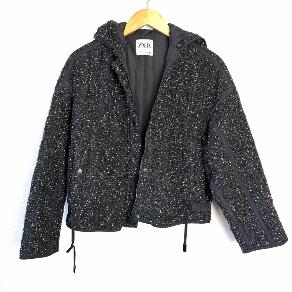 Zara Quilted Black Jacket tweed hooded bomber jacket sz XS black puffer